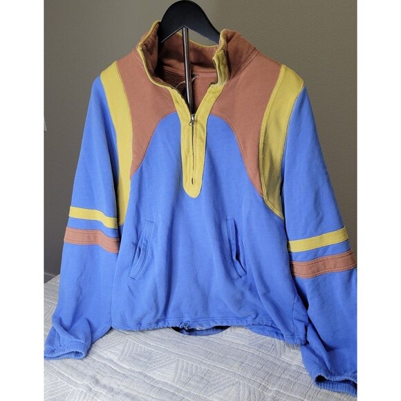 Free People Colorblock Half Zip Pullover Sweatshirt Women’s Large Blue Yellow - Picture 1 of 9